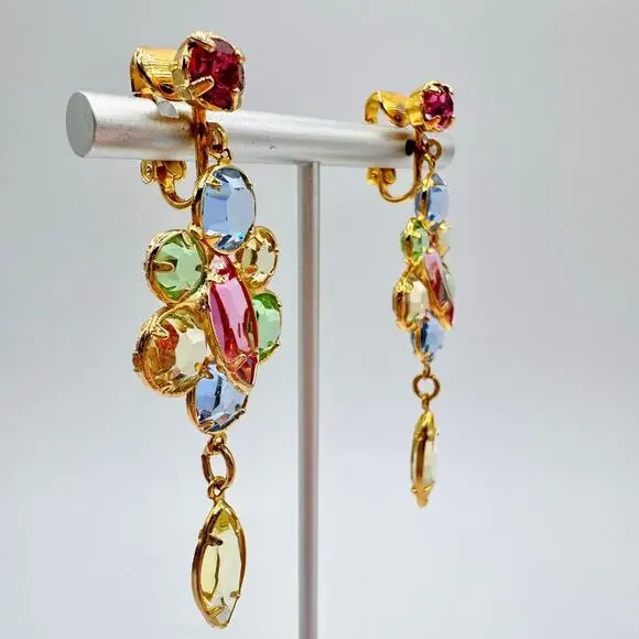 Vintage Austrian Crystal Clip On Earrings Pastel Ethereal Spring Fairycore Long - Picture 3 of 16